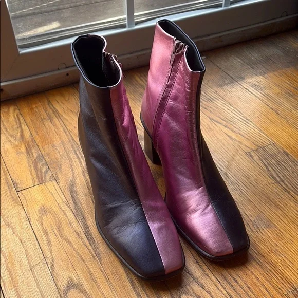 “Maeve” Pink and Black Two Tone Leather Ankle Boots, Booties - Picture 1 of 7